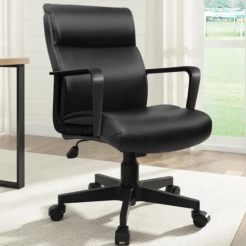 

Black Leather Office Desk Chair Mid-Back Desk Chair Soft Executive Swivel Office Chair Gaming Chair