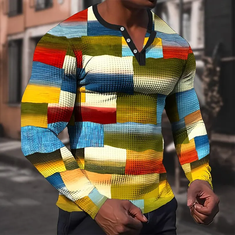 

Vintage Men's T-shirt Cotton Shirt Patchwork Colorful Graphic T Shirts 3D Print V-Neck Long Sleeve Tee Oversized Man Clothes Top
