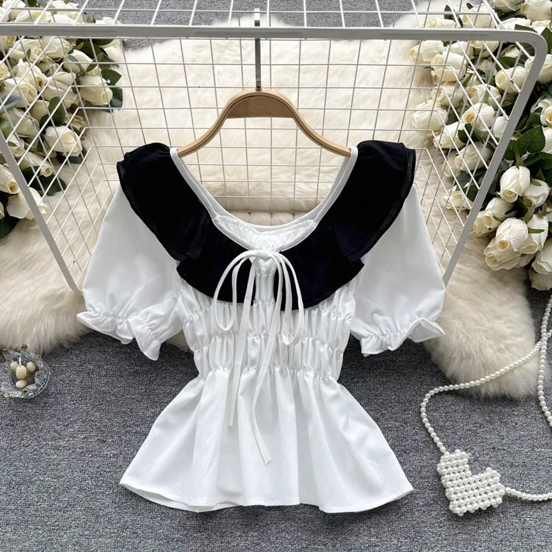 

Temperament Gentle Style Top Women's Design Lace up Square Neck Ruffle Puff Short Sleeve Shirt Fashion blusa feminina blouses