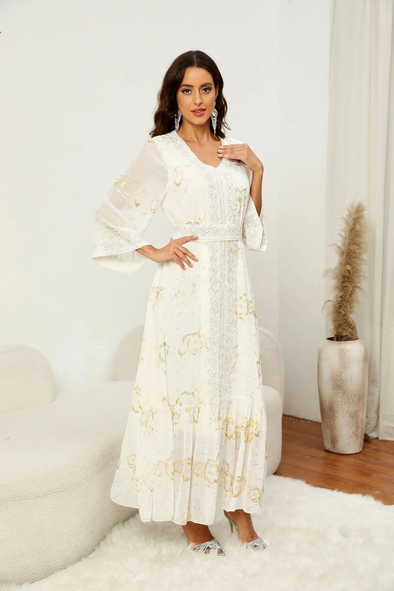 

Муслиновое платье с белой вышивкой Дубай ИД Мубарак кафтан Новинка Модное шифоновое платье с горячим тиснением с бриллиантами элегантное платье Дубай мох