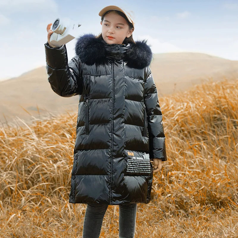 Winter Down Jacket For Girl Real Raccoon Fur Waterproof Shiny Thick Warm Girl Outerwear Coat 5-14 Year Teenage Girl Parka Outfit