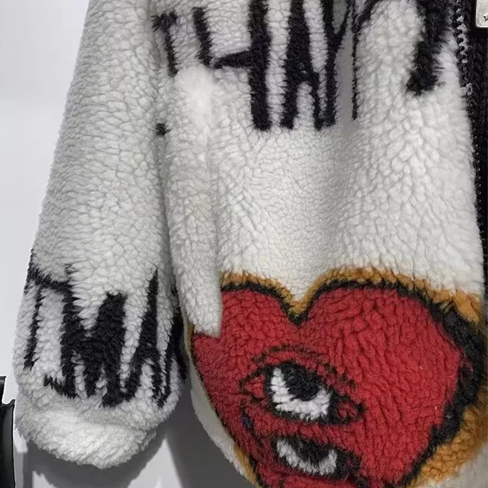 Autumn and winter new fashion women's casual all-match non-positioning graffiti print fleece imitation lamb wool coat