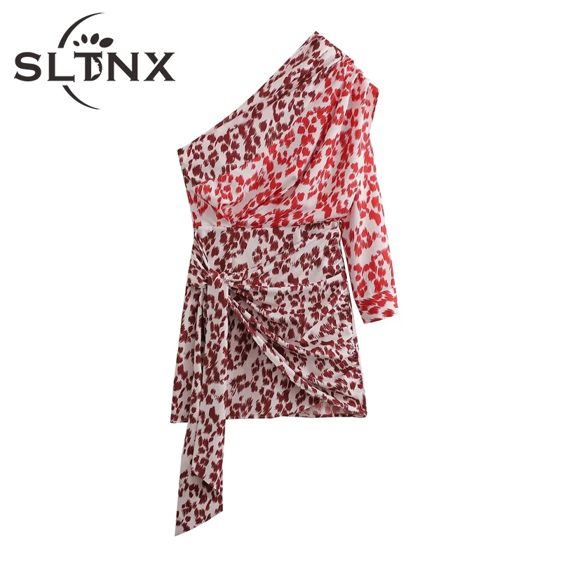 

SLTNX Dress for Women 2023 Print Asymmetrical One-Shoulder Dresses Female Summer Loose Mini Dress Ladies Chic Short Dresses