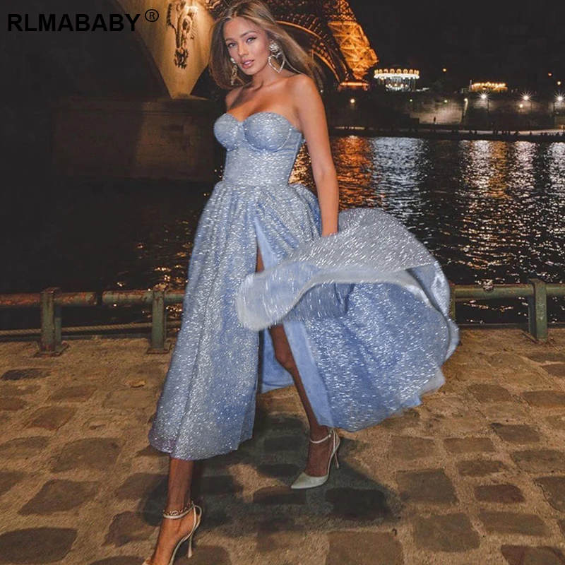 

Женское вечернее платье без бретелек, элегантное яркое шелковое облегающее платье до середины икры с высоким разрезом и открытой спиной, Кл...