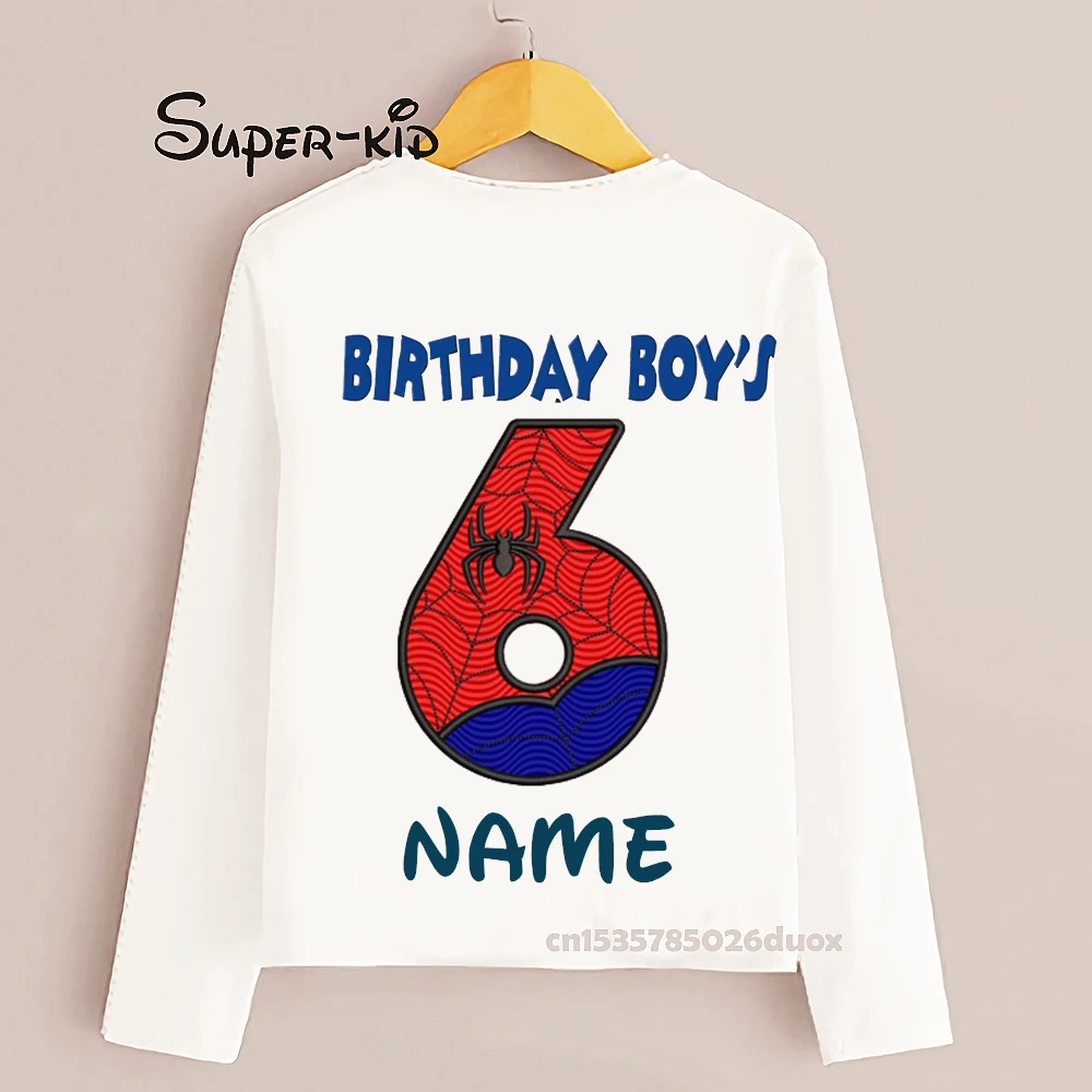 

Super Hero Custom Name Birthday Shirt Number 1-10 Marvel Spiderman Long Sleeve Boys T-shirts Children Birthday Kids Clothes