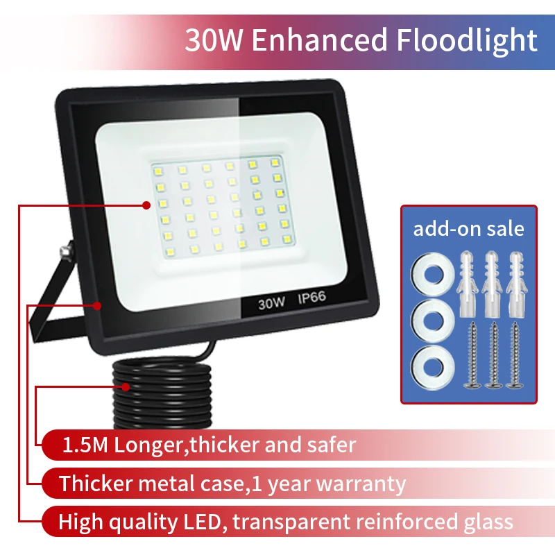 

30W Floodlight Led 220v Flood Light Outdoor Spotlight Lighting Cold White Street Thicker Tripod Lights IP66 Waterproof Bright