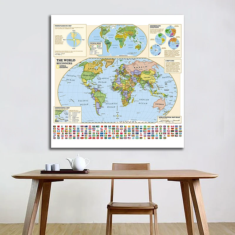 

90*90cm The World Map with National Flags Wall Decorative Print Unframed Posters Non-woven Canvas Painting Home Decoration