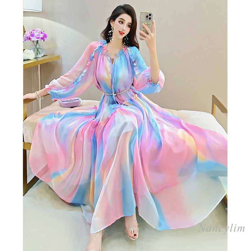 Sweet Style Print Dress for Women 2023 Summer Fall New Loose V-neck Chiffon Big Hem Travel Vacation Bohemian Maxi Long Dress