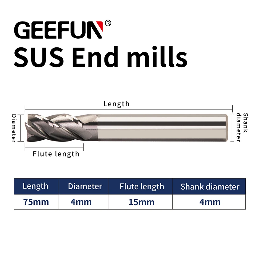 

GEEFUN D.i.A 4mm/ Length 75mm HRC60 HRC 60 Solid Tungsten Carbide Milling Cutter 4mm Flat End Mill for Stainless Steel