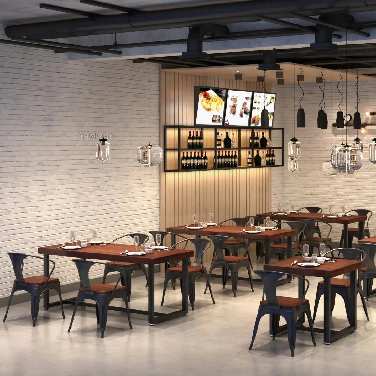 Обеденный прямоугольный стол из массива дерева в скандинавском стиле и железные