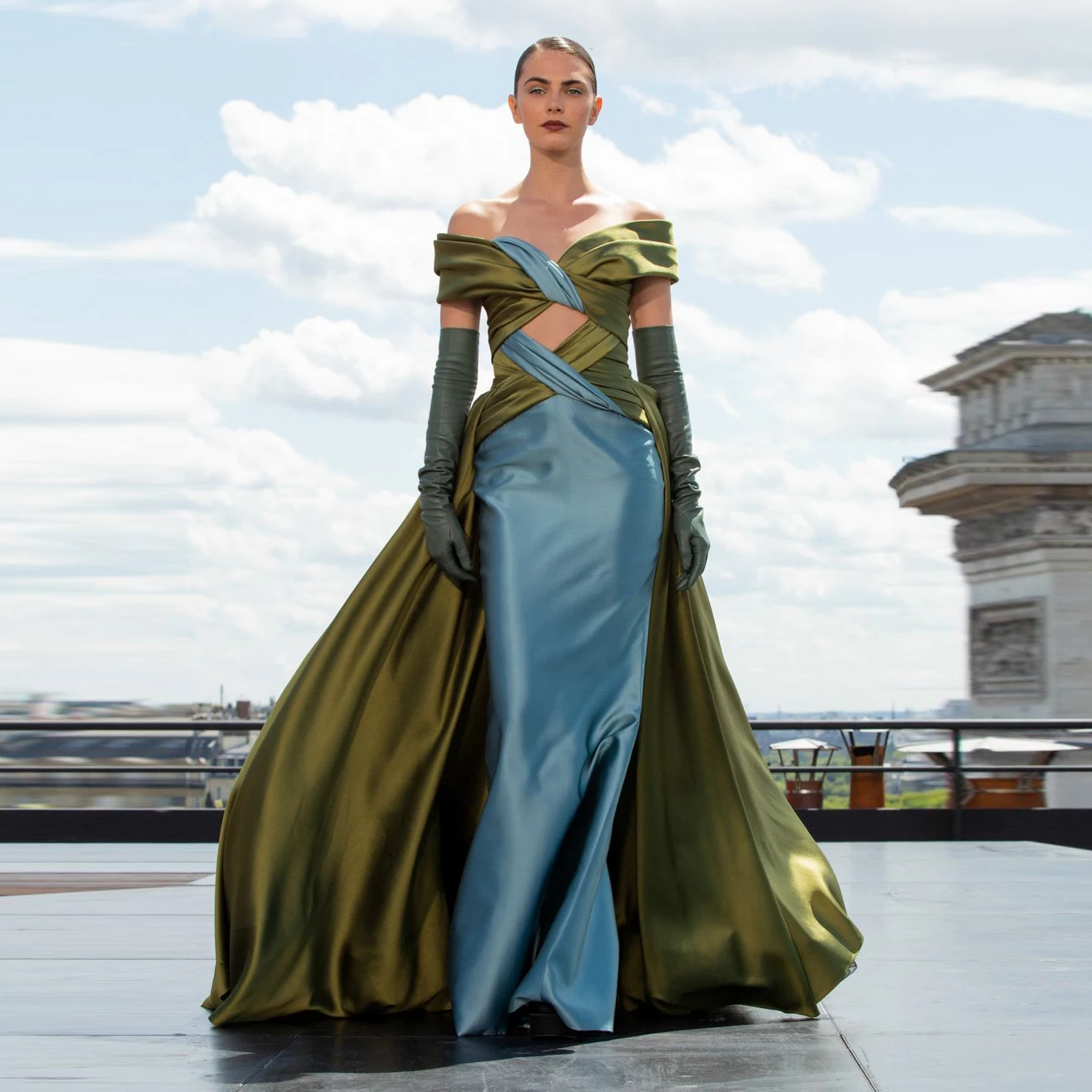 

Unique Color Blocking Mermaid Satin Prom Drsses With Overlay Criss Cross Olive Green&Blue Mix Color Prom Gowns