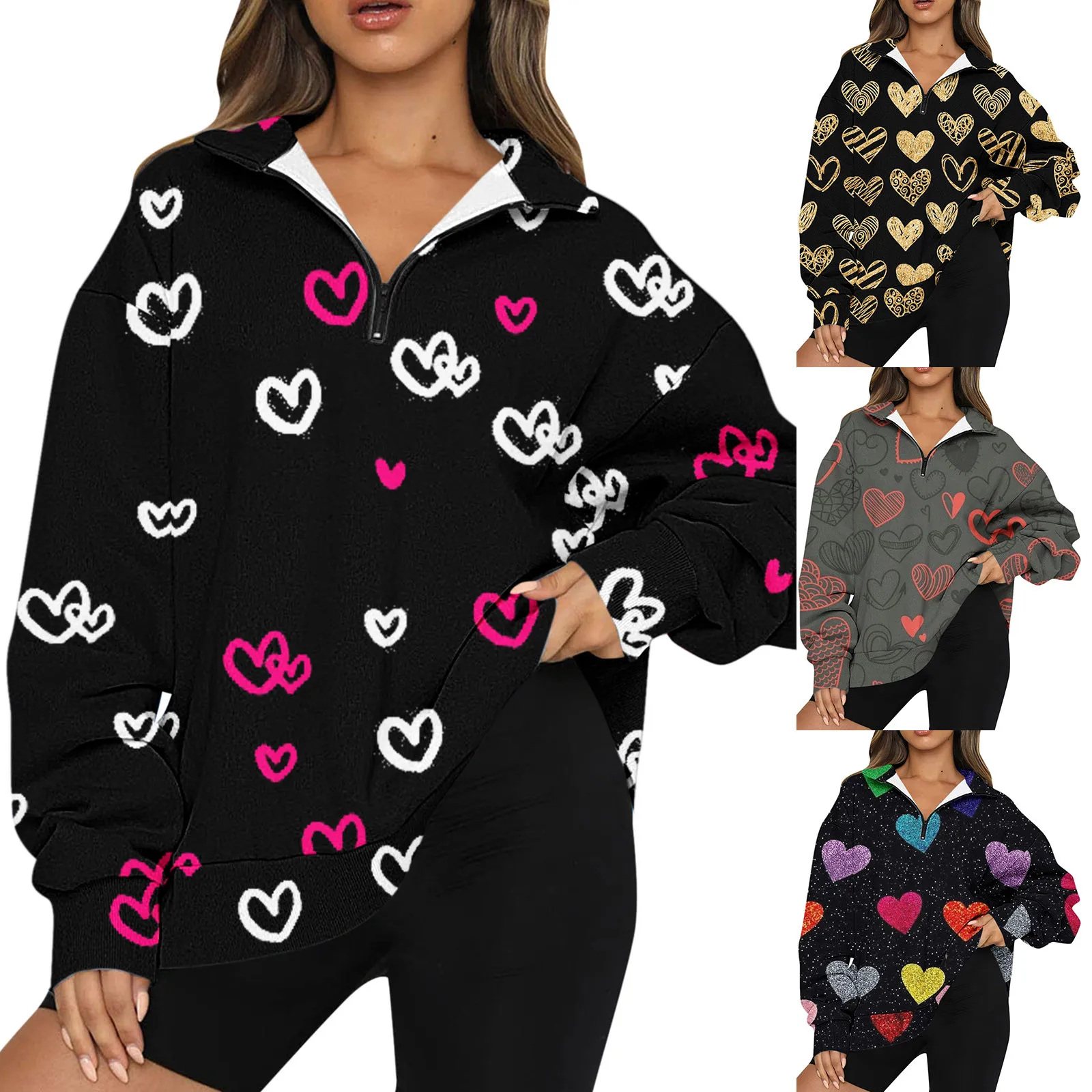 

Пуловер женский оверсайз на молнии, свитшот с длинным рукавом и принтом на День святого Валентина, модная деловая Повседневная куртка на мо...