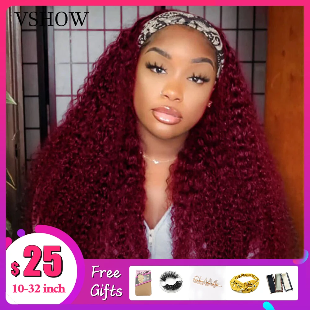 Natural color Kinky Curly Headband Wig Human Hair Burgundy Colored Human Hair Wigs  8-32 Inches Glueless Scarf Wig VSHOW HAIR