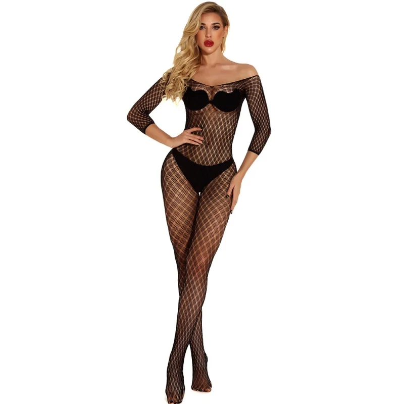 

New Sexy Lingerie Women's Jacquard Sexy Siamese Fishnet Clothes Long Sleeve Small Plaid W265