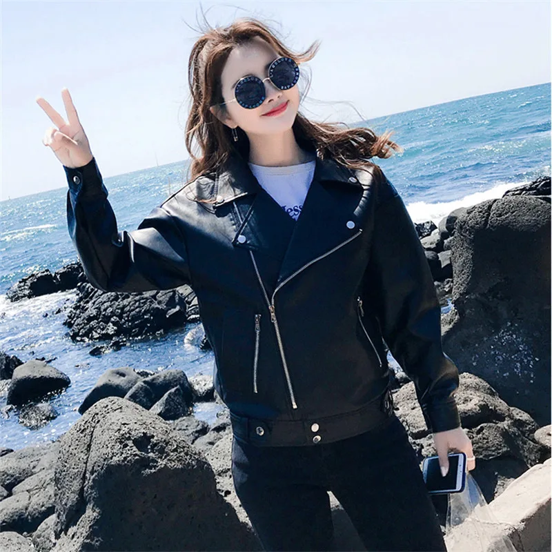 skinny leather jacket women's short spring, autumn  winter 2022 Korean fashion student bf lady  loose motorcycle leather jacket
