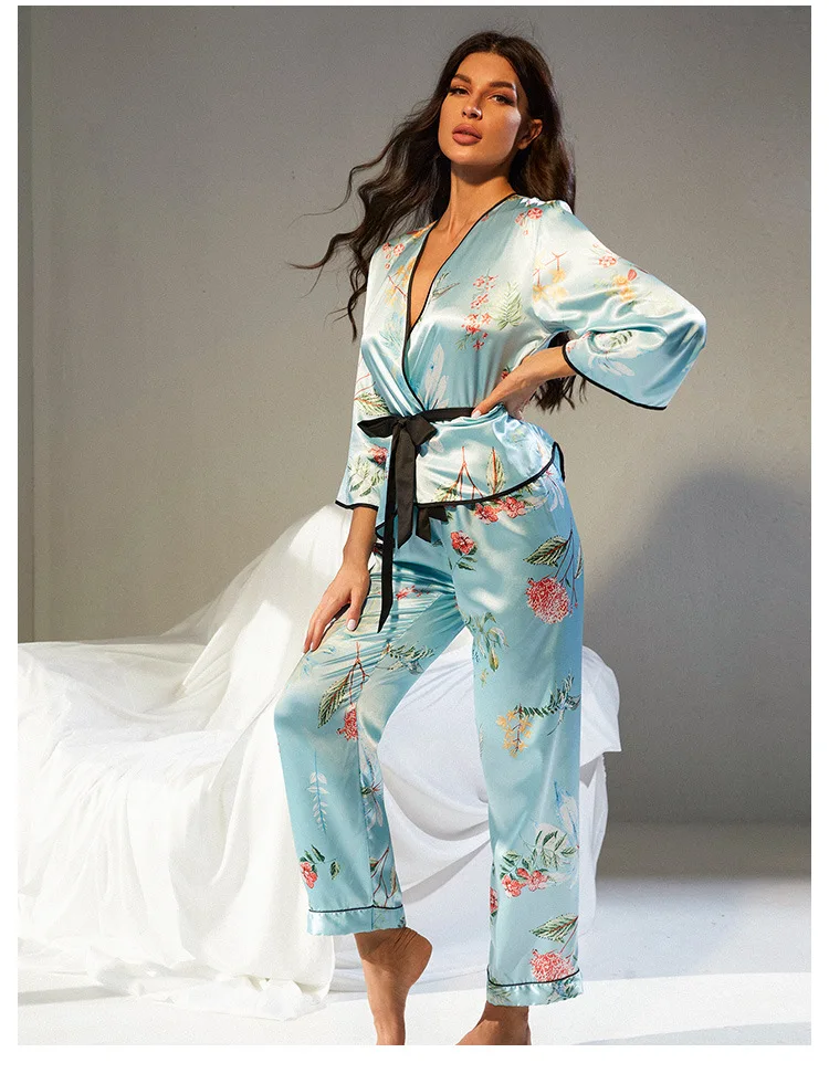 Loose Satin Sleepwear For Women Pajamas Set Vintage Blue Flower Print Silk V Neck Pajyma Female 2 Pcs Leisure Homewear Nightwear