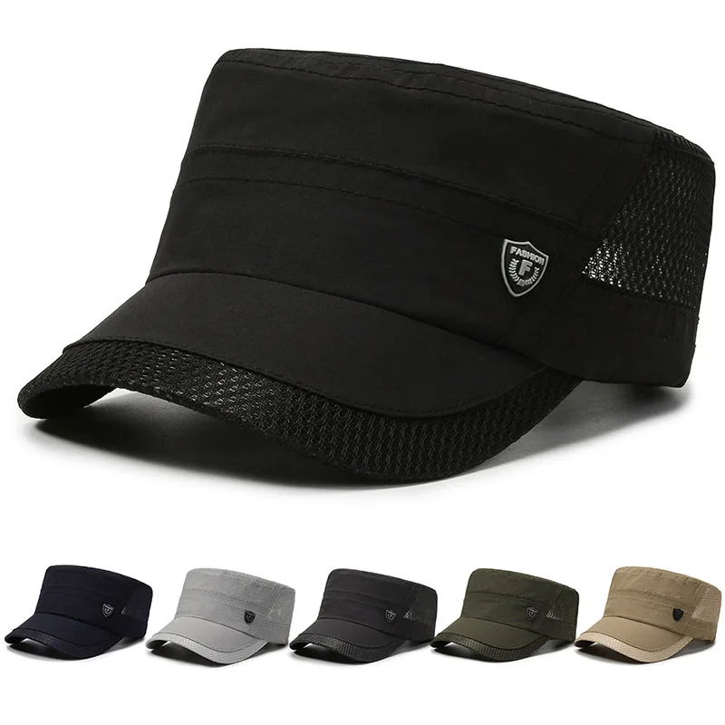 

Кепка с плоским верхом Мужская, сетчатая шапка в стиле милитари, головной убор для отца, уличная шапка от солнца, дышащая модная однотонная Кепка с оттенком, 1 шт.