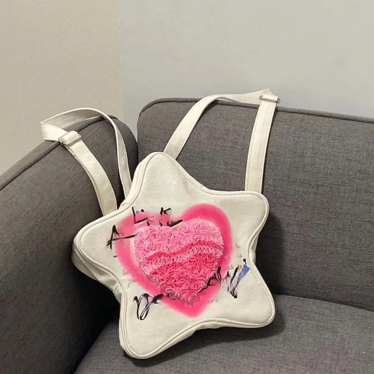 

Sweet Pink Heart Print School Bags Y2k Fashion Large Pentagram Backpack 2023 Trend News Ladies Bag Cool Girls Japanese