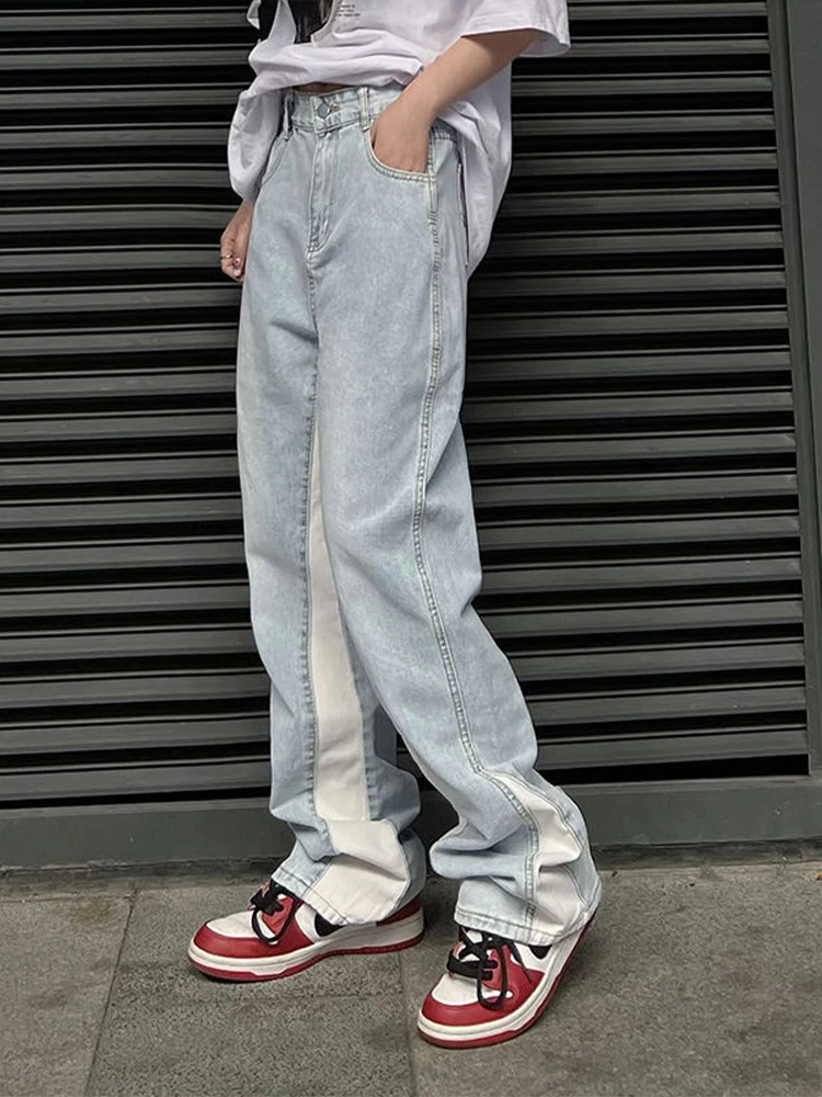 Baggy Jeans Men Fashion Side Stripes Aesthetic Jean Trousers Vaqueros Y2K Autumn Light Blue Distressed Straight Leg Denim Pants