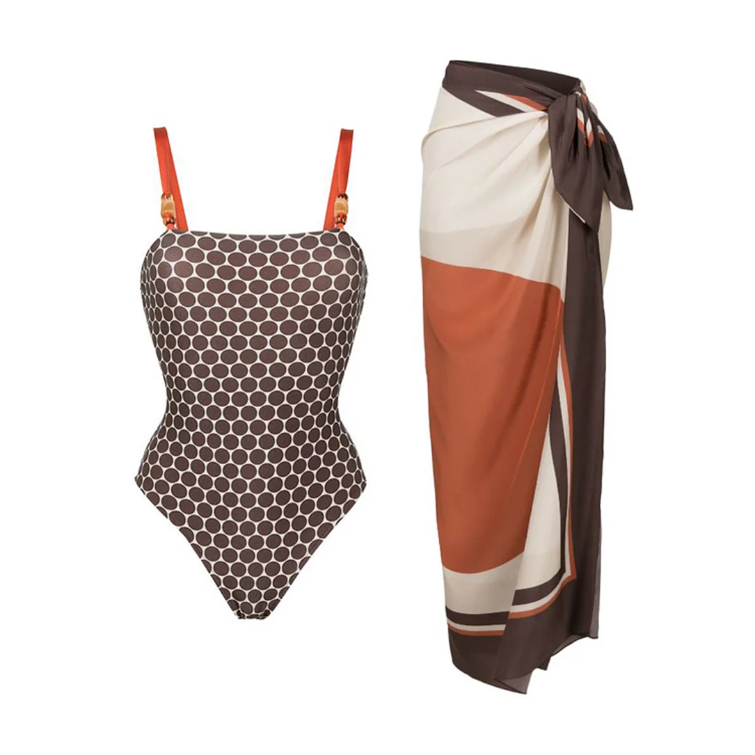 

2023 New Fashion Reversible Graphic Printed Beaded One Piece Swimsuit and Sarong Summer Swimwear Women Beachwear Bathing Suit