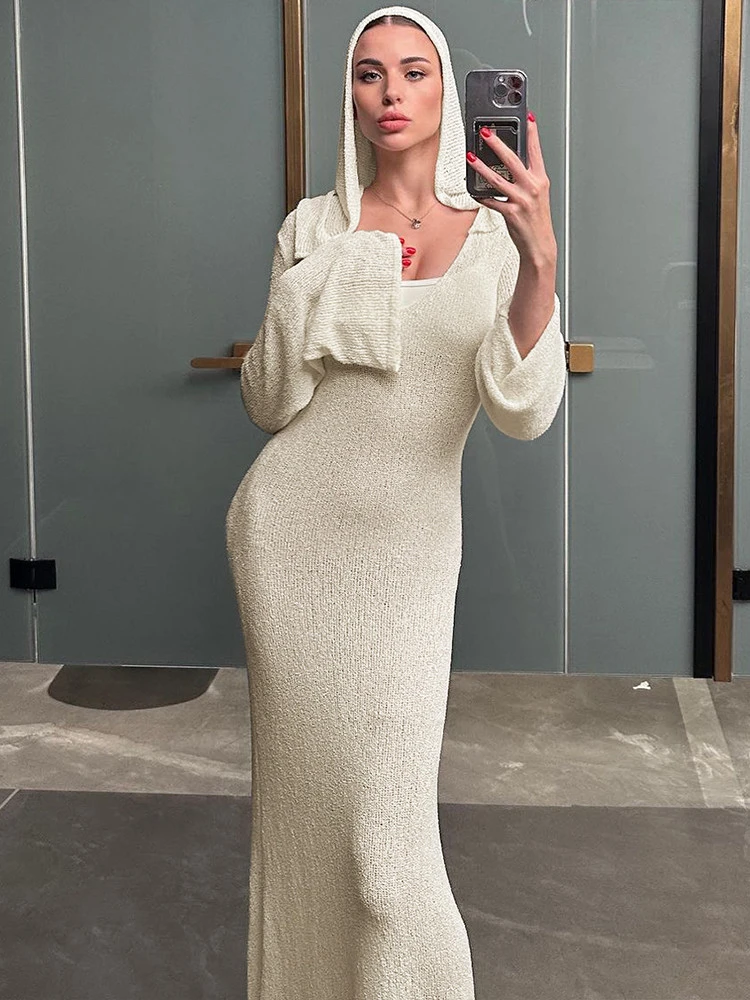 

Women 2023 Autumn Winter Long Sleeve Knitted Hooded Maxi Dresses Streetwear Vacation Sexy Bodycon Long Dress Wholesale Items