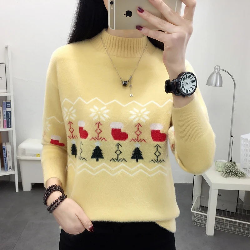 

Fall Winter Women's Thick Wool Sweater Loose Christmas Decorate O-Neck Long Sleeve Tops 2022 Hot Knitwear Jumper Sweaters 0236