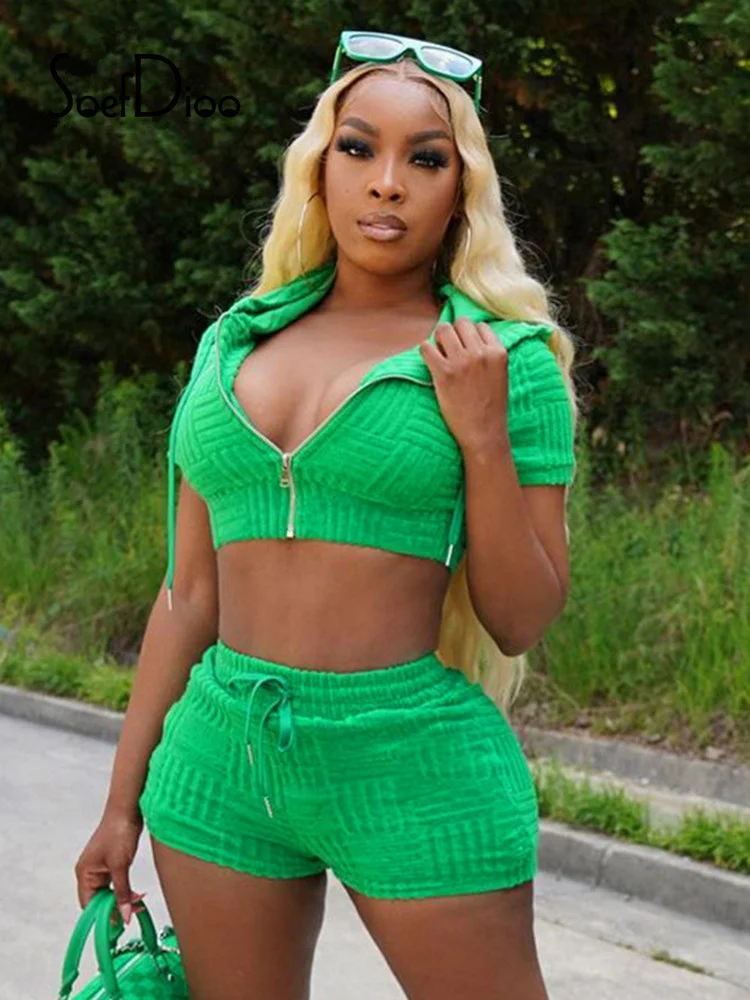 

Soefdioo Casual Tracksuit Women Two Piece Set Solid Hooded Zip Short Sleeve Crop Top and Drawstring Shorts Matching Sportswear