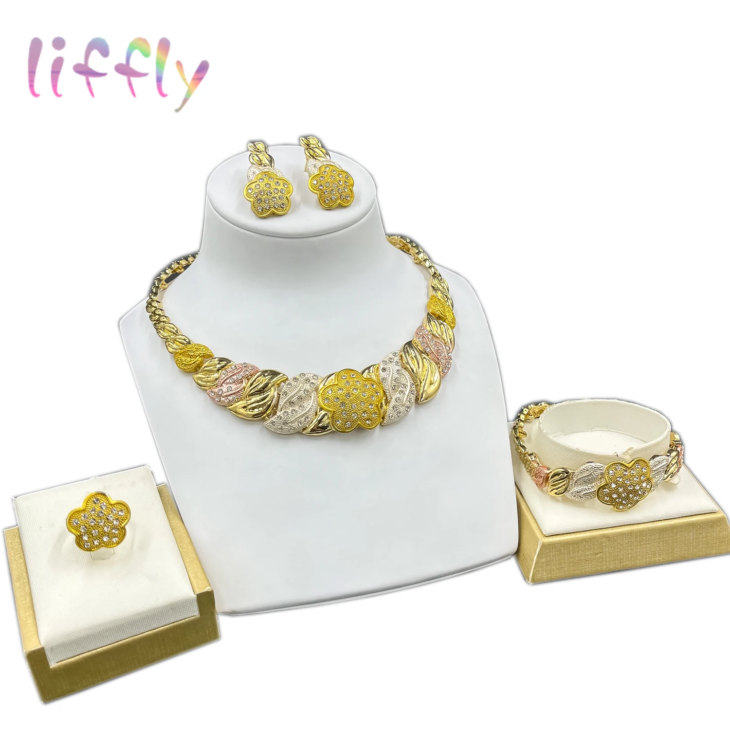 

Liffly Dubai Flower Necklace Colorful Bracelet Crystal Earrings for Women Fashion Jewelry Sets Wedding Ring Bridal Gift