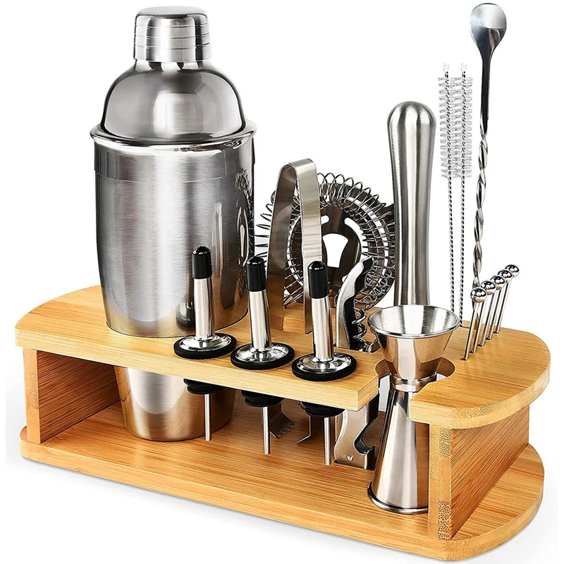 

Cocktail Shaker Set, Bar Tool Bartender Kit With 24Oz Stainless Steel Martini Mixer, Bamboo Stand For Bar,Party