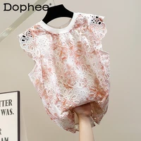 women sleeveless lace shirt 2022 summer new exquisite hollow out embroidered ruffled stitching floral high end temperament top