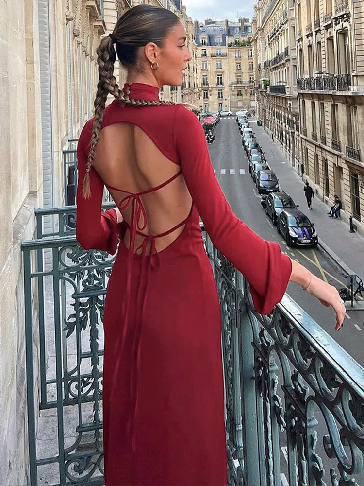 

Элегантное платье с расклешенными рукавами и открытой спиной на шнуровке для женщин, шикарное боди с длинным рукавом, Осеннее женское вечернее платье для отпуска