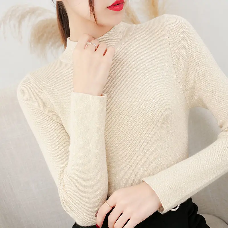 Winter Sweater for Women Flash Silk New Skinny Inner Match Turtleneck Bottoming Shirt Western Style Bright Silk Slim Sweater