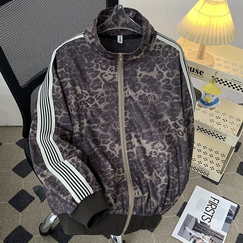 Куртка на молнии в американском стиле хип-хоп с леопардовым принтом мужская