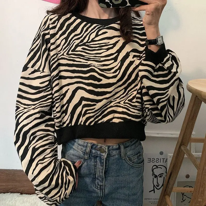 

Autumn Kpop Zebra Striped Hoodies Women Japanese Pullovers Winter Streetwear Goth Vintage Korean Fashion Sweatshirt Tops Woman