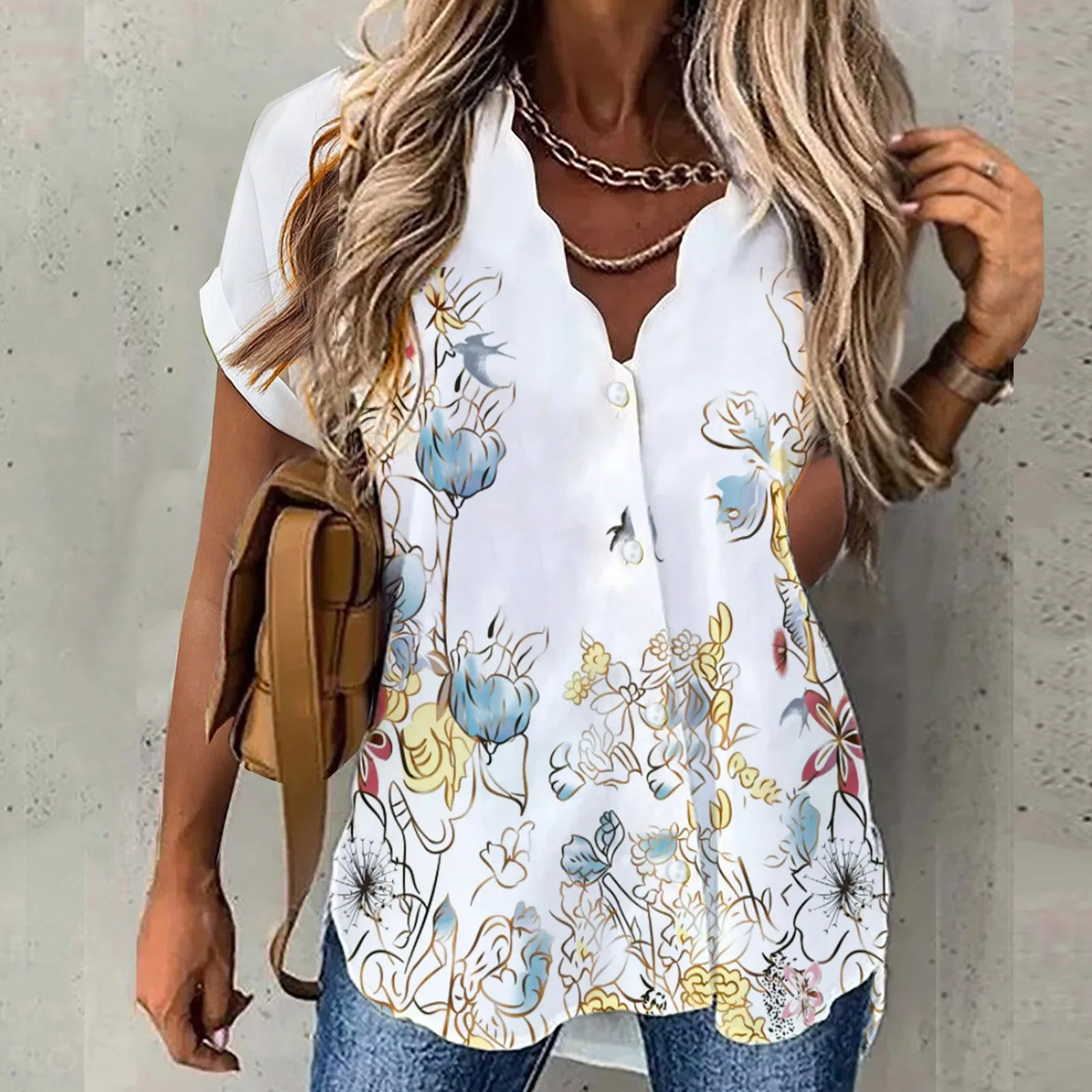 

Women Turn Down Collar Buttons Printed Loose Fashion Vacation Floral Printed Short Sleeve Casual Tops Thermals for Women Shirt
