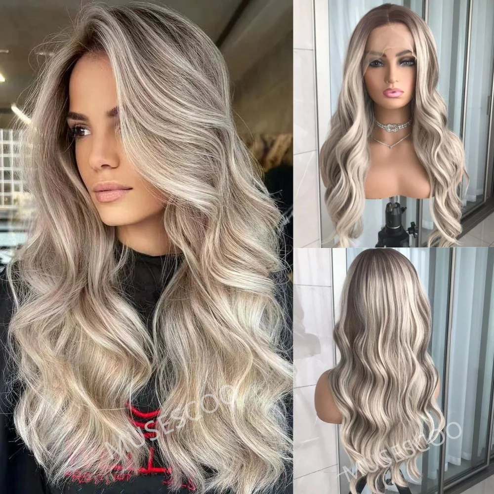 Ash Blonde Highlight Long Wavy Synthetic Lace Front Wig Body Wave Colored 22inches Lace Frontal Wigs for Women Pre Plucked