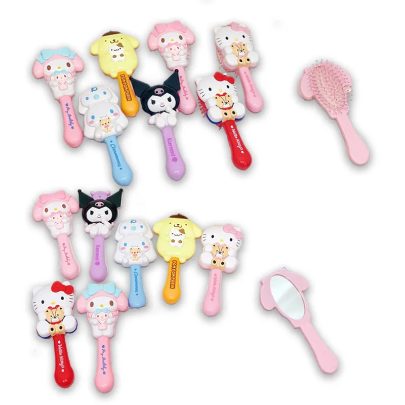 

Kawaii Anime Kittys Mymelody Kuromi Doll Body Shape Airbag Massage Comb Handle Makeup Mirror Girl Portable Dress Up Tool Gift