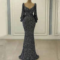 elegant dark gray sequins mermaid evening dress flare 34 sleeves shinny formal women party dress vestidos elegantes para mujer