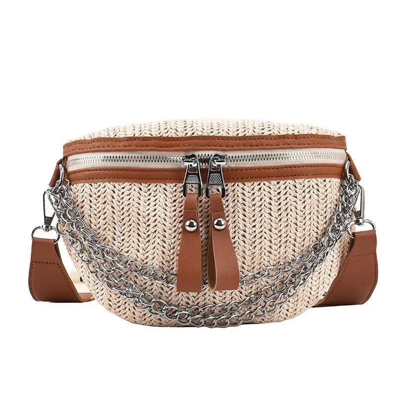 Fashion Women Weave Waist Bag Ladies Shoulder Crossbody Chest Bag Chain Handmade Straw Handbag and Party Purse Beach XM12