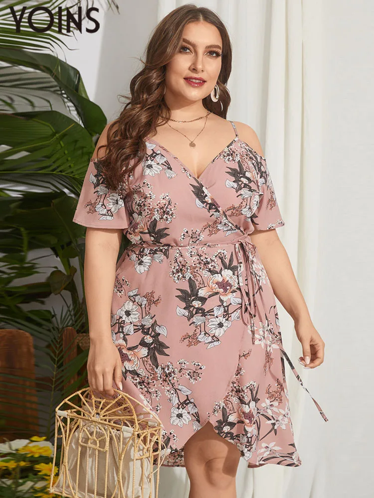 

YOINS 2023 Women Summer Dress Plus Size Short Sleeve Floral Print Spaghetti Strap Off Shlouder Vestidos Casual Sundress L-5XL