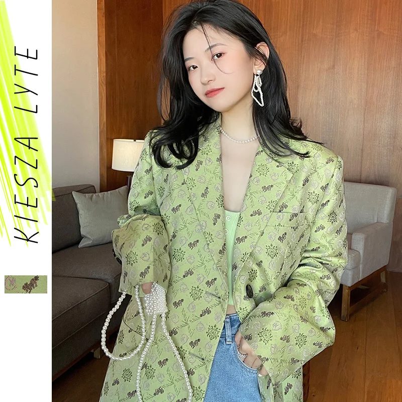 

2022 Spring New Korean Style Jacquard Suit Jacket Female Vintage Niche Blazers Female Green Coats Women Clothing