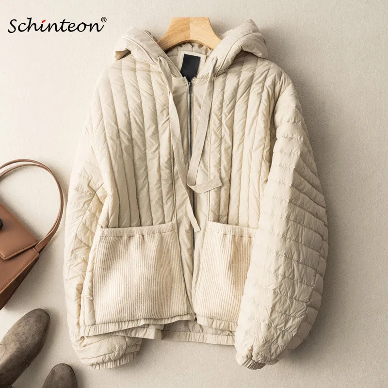 

Schinteon женский белый пуховик на утином пуху, Свободное пальто, теплая осенне-зимняя повседневная верхняя одежда с капюшоном, вязанная Лоскут...