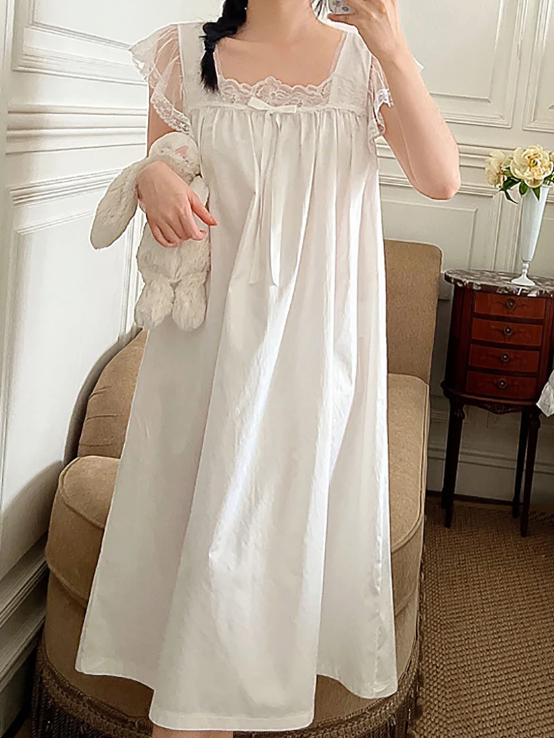 Women Cotton Lace Sleeveless Loose Fairy Princess Nightgowns French Sweet Girls Pajamas Summer Victorian Homewear Sleepwear