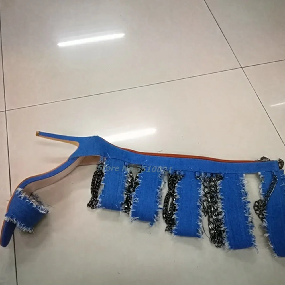 Denim Chained Strappy Knee High Boots Open Toe Stiletto High Heels Back Zipper Sexy Hollow Cutout Nightclub European Style New