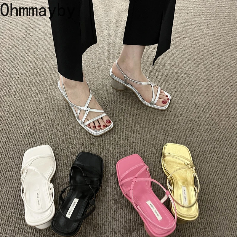

2022 Design Narrow Band Women Sandals Thick Heel Back Strap Summer Gladiator Shoes Ladies Summer Outdoor Party Pumps