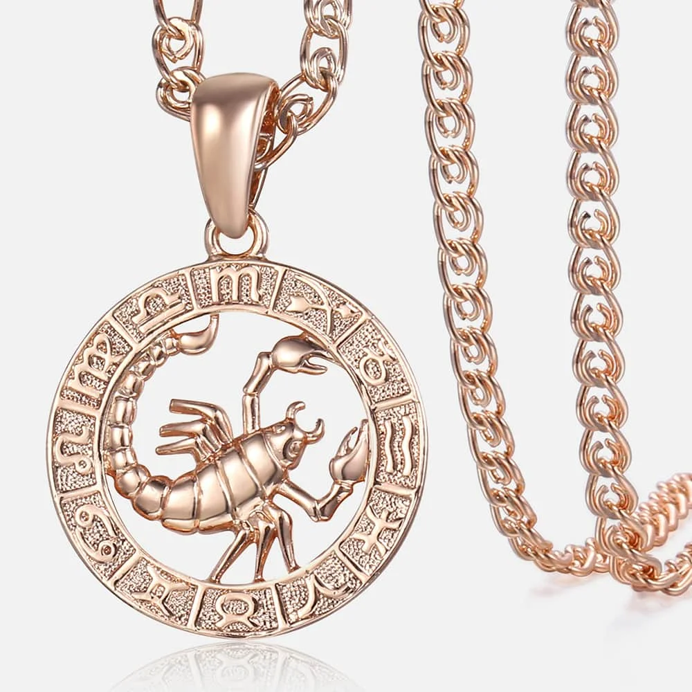 

Women's Zodiac Sign Pendant 12 Constellation Charm 585 Rose Gold Color Necklace Aries Leo Scorpio 3mm Snail Jewelry GP278