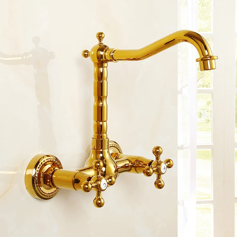 

Titanium Gold Brass Bathtub Faucet Into Wall Basin Faucet Bathroom Simple Hot And Cold Double Hole Double Handle