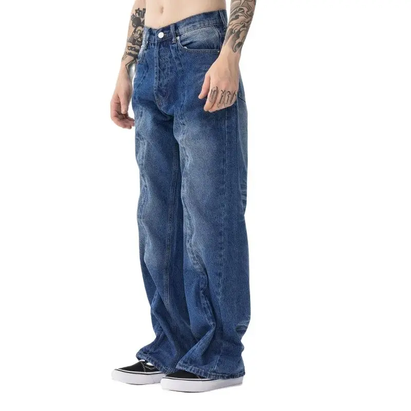Men's 2022 autumn and winter new fashion brand street personality twisted straight washed denim flared high street trousers