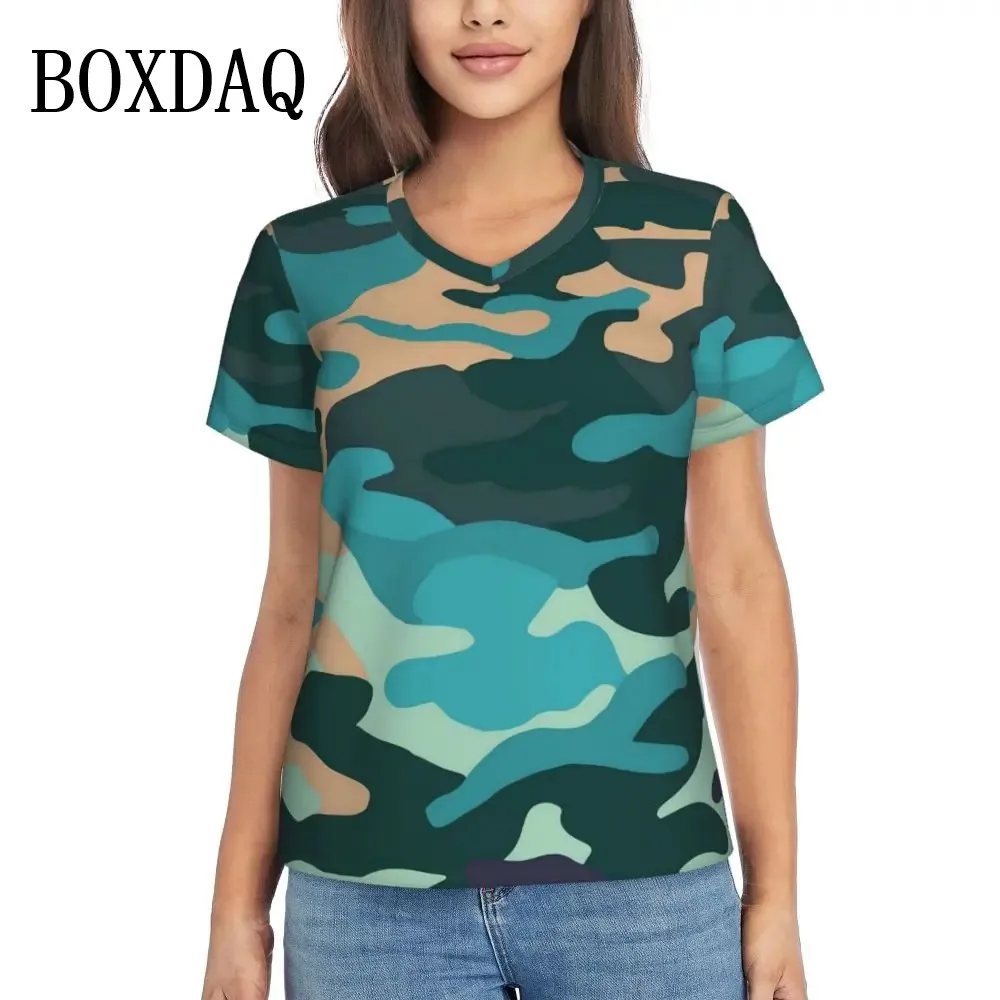 Женская камуфляжная футболка с коротким рукавом и V-образным вырезом