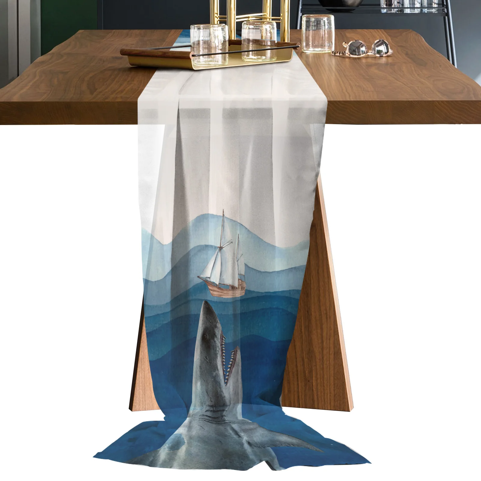 

Безопасные шифоновые скатерти Ocean Shark Ship, украшение для журнального столика, свадебная скатерть, печатные скатерти из вуали для кухни